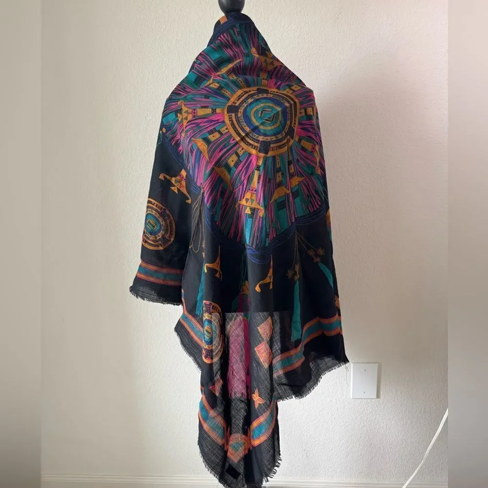 Henri Bendel Colorful Geometric Pattern 100% Wool Scarf Made‎ in Korea